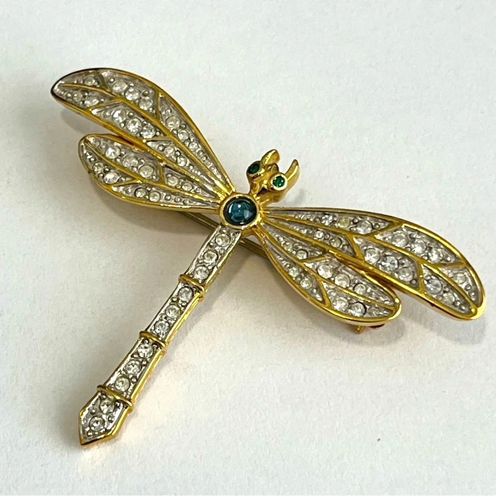 Golden Crystal Dragonfly Brooch Pin 1.25" - Picture 4 of 10